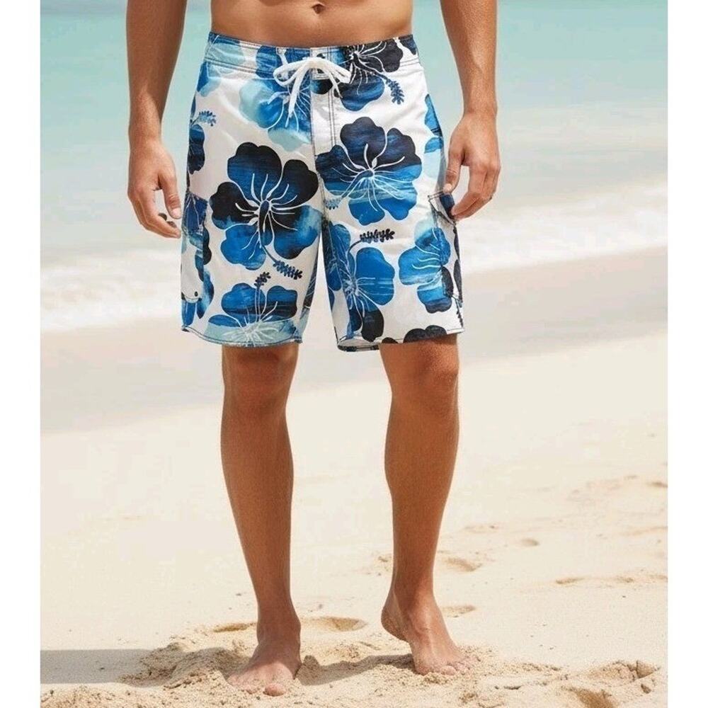 Hang Ten Shorts Tropical Board Swim Trunks Mens XL Blue White Floral Surf Hawaii